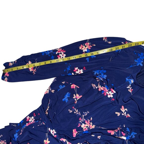 LEliza J's  Floral Navy Blue Puff Sleeve Waist Tie Leg Slit Long Dress Sz 18W - Picture 8 of 12